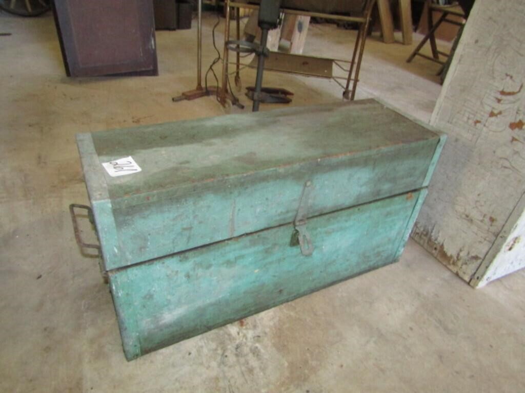 OLD GREEN PAINTED TOOL BOX W/ TRAY FULL OF