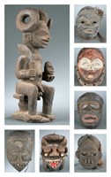 1 African figure and 6 masks. 20th century.