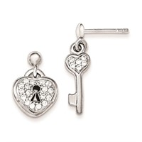 Sterling Silver-Crystal Heart Lock Key Earrings