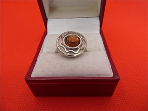 Costume Ring With Amber Stone Size 7.5