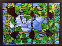 Large Framed Stained Glass WIndow w/ Grapes.