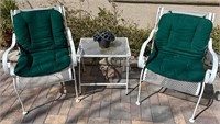 D - PAIR OF PATIO CHAIRS, SMALL TABLE & CUSHONS
