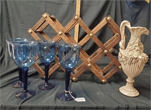 Wine Rack, Grape Vase, (4)  Wine Glasses