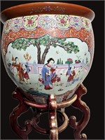 CHINESE PORCELAIN FISH POT ON STAND