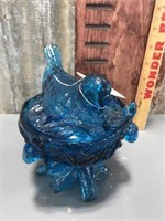 Footed bird on nest candy dish, clear blue