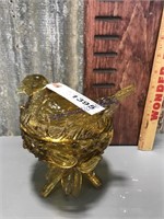 Footed bird on nest candy dish, clear amber
