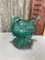 Footed bird on nest candy dish, clear green
