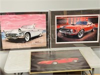 3 framed car pictures - 22 x 28, 22 x 32'