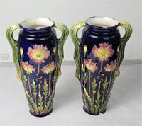 Pair of majolica style floral ceramic vases 12"h