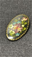 Vintage Signed USSR Lacquered Hand Painted Brooch