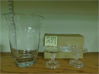 Longaberger Large Glass Vase & 2 Glass Pedistal -