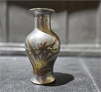 Mid Century Pewter Vase W Brass Flower Overlay