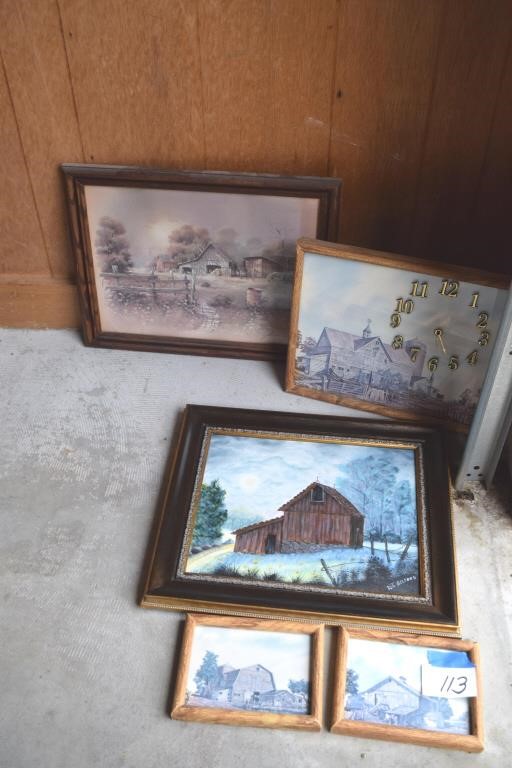 Belford painting, clock, barn pictures