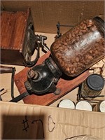Antique coffee grinder, spice jars, rack, etc
