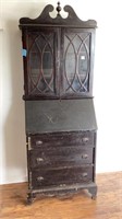 Antique secretary with fretwork glass doors, top