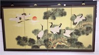 Asian art 4 panel wall hanging, teak look frame,