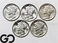 5-coin Lot, Mercury Dimes, BU/Gem