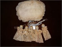 5 Vintage bisque mini dolls 4"L w/pillow marked