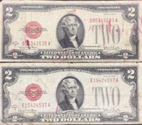 2- 1928 Red Seal Two Dollar Bills