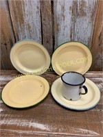 4 8" enamelware Plates plus 1 white cup