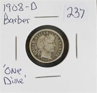 1908 - D BARBER SILVER ONE DIME