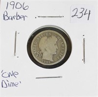 1906 BARBER SILVER ONE DIME
