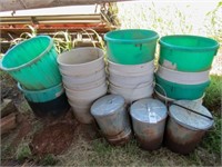17 mineral buckets, 3 metal garbage cans