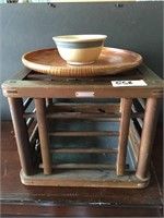 Set Of Wooden Glass Table And Ceramic Bowl With