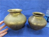 2 old brass hand etched vases