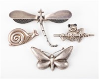 (4) STERLING & SILVER PINS: BUTTERFLY, FROG, DRAGO