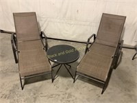 2 Patio Chaise Lounge Chairs & Glass Top Table