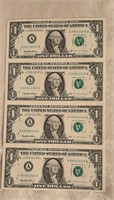 Four Uncut $1 Bills
