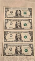 Four Uncut $1 Bills