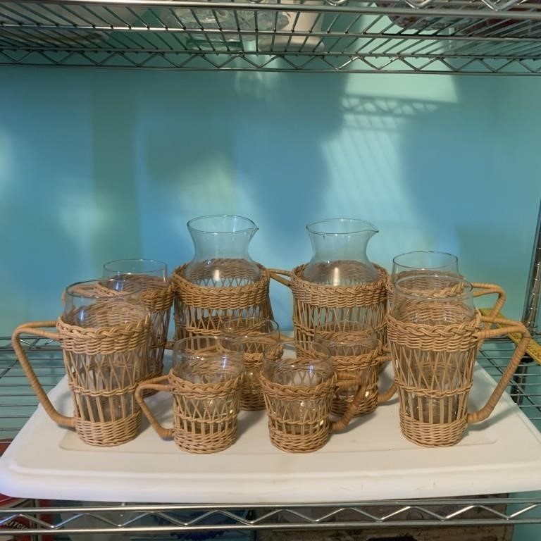 VTG Rattan Wicker Juice Pitcher Glass Set Woven