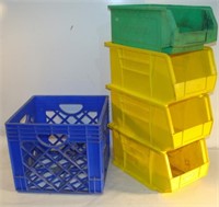 Four Large Hardware Bins and Blue Crate