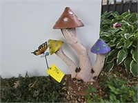 Metal mushroom & butterfly yard art