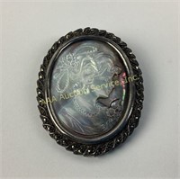 Sterling, marcasite & carved abalone cameo brooch