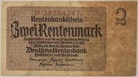 1923 German 2 Rentenmark Banknote
