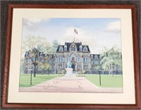 Signed Tom Hook painting building with statue-