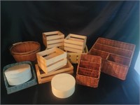 Lot of Wicker Baskets, Wooden Crates, a Barrell