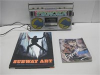 Two Subway Art Books & Vtg Boombox Powers ON