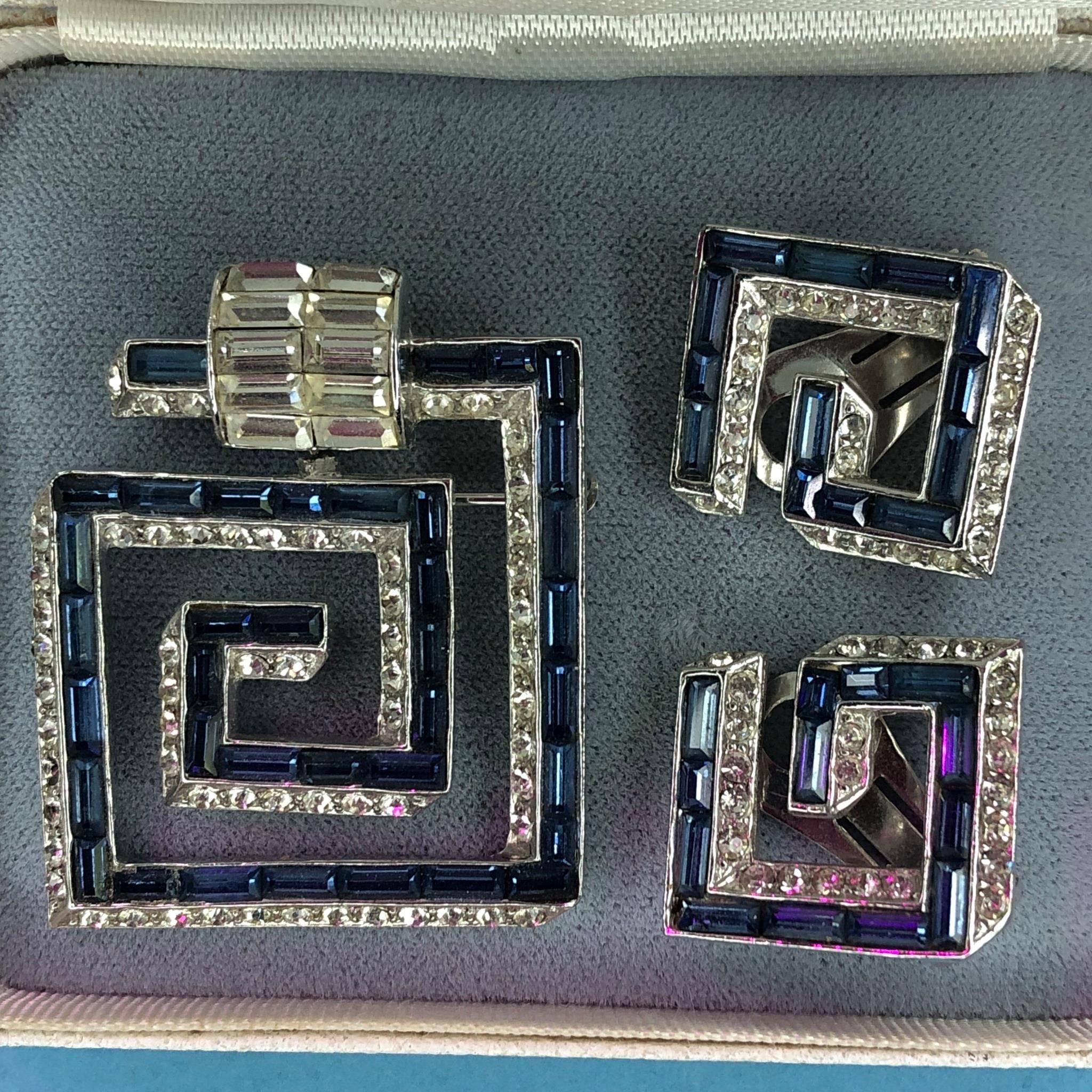 ART DECO RHINESTONE BROOCH EARRINGS