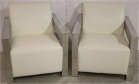 Pair Lazzaro white leather & chrome chairs