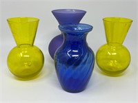 (4) Glass Vases Depression Cobalt, Zodax Yellow