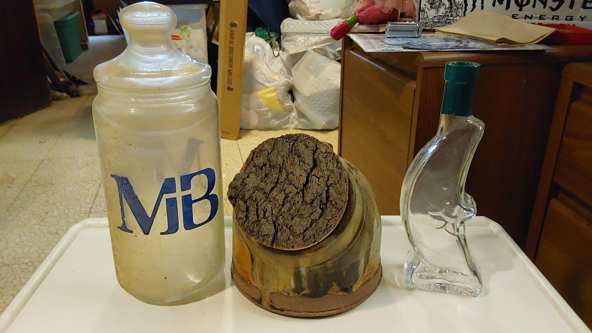 Pottery jar w/cork, Cresent moon Jar & other jar