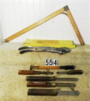 Tray lot assorted tools: “Lufkin” #6132 wooden