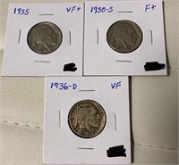 1930-S, 1935, and 1936D Buffalo Nickels