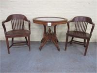 Victorian Oval Parlor Table & (2) Desk Chairs