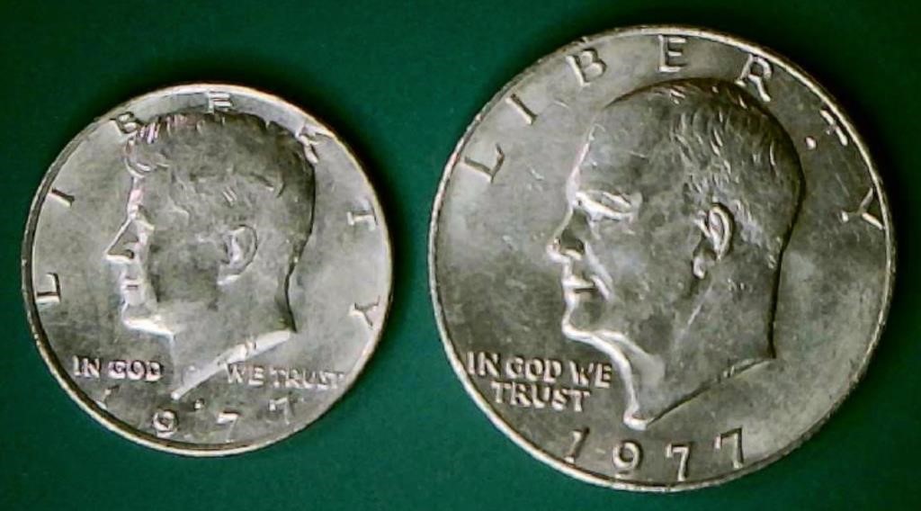 1977 Ike 1 Dollar, 1977 D Kennedy Half Dollar