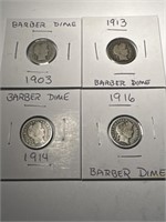 4 Barber Silver Dimes: 1903, 1913, 1914, 1916